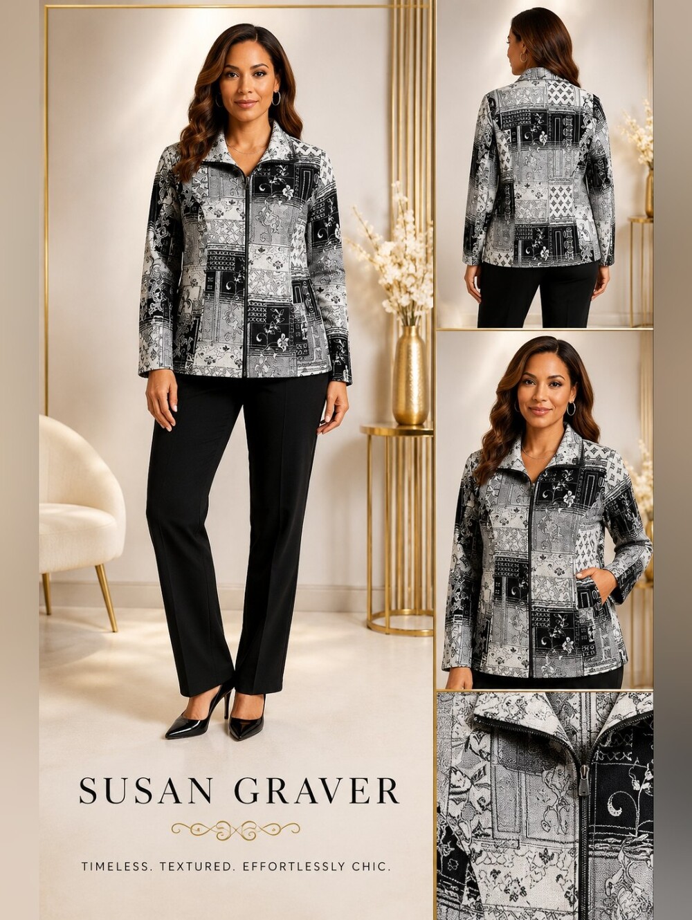 Susan Graver Black & White Patchwork Tapestry Jacket | Zip Front Jacquard Blazer